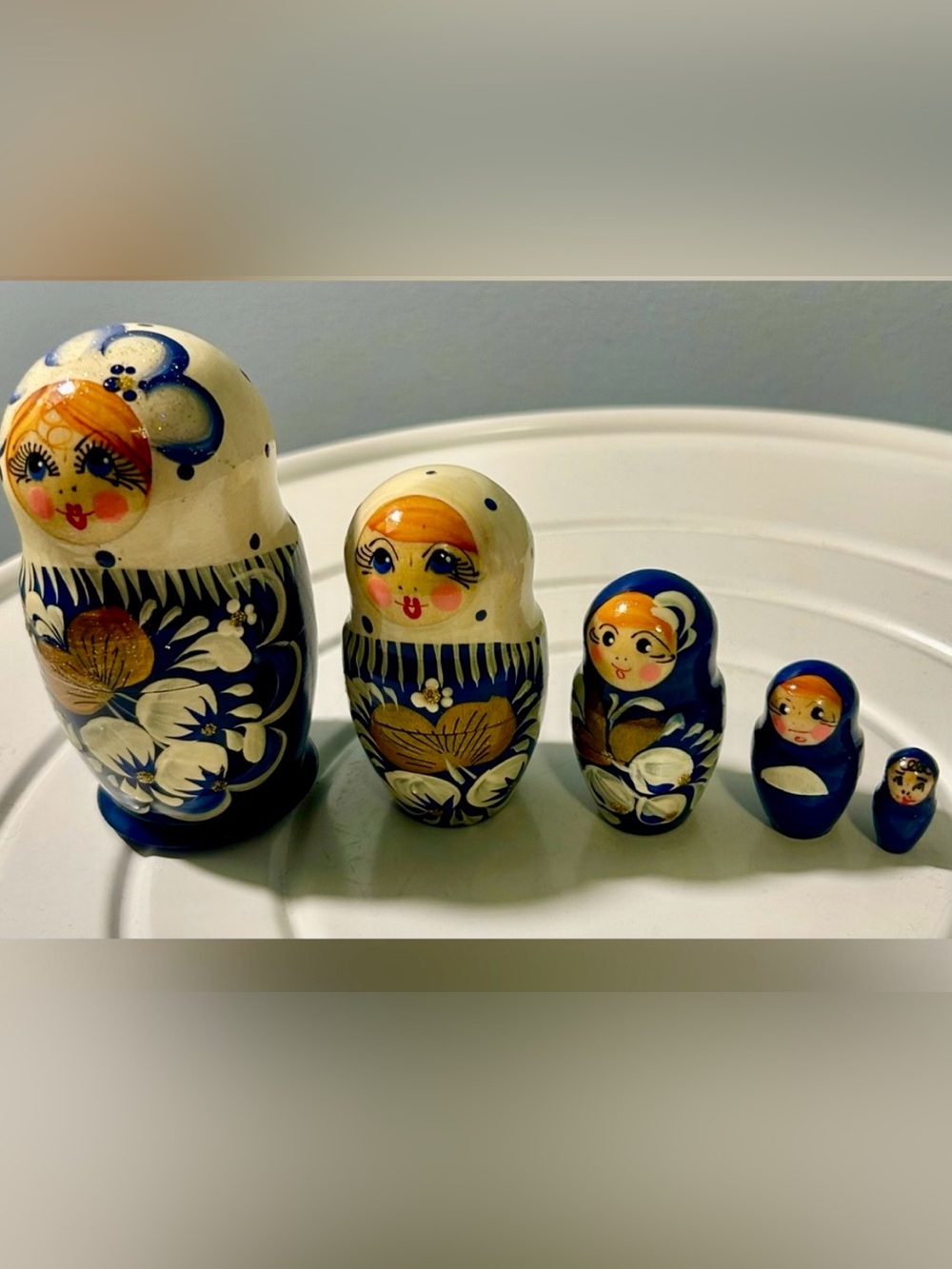 Hand-Painted Blue & White Russian Nesting Dolls with Gold Accents 5 Piece Set